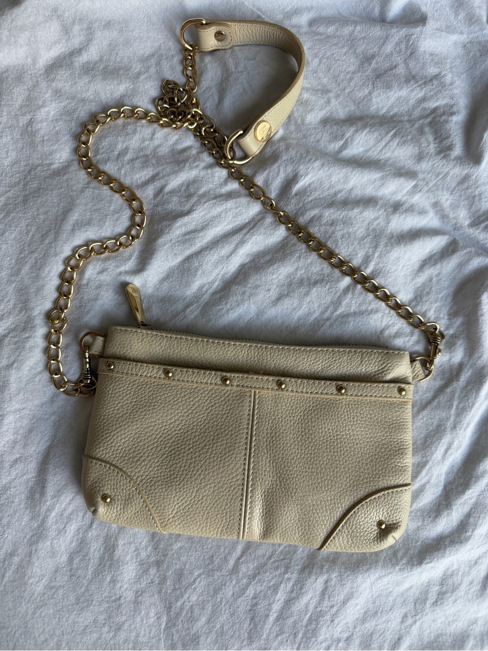 INC International Concepts Cream Leather Crossbody with Gold Chain